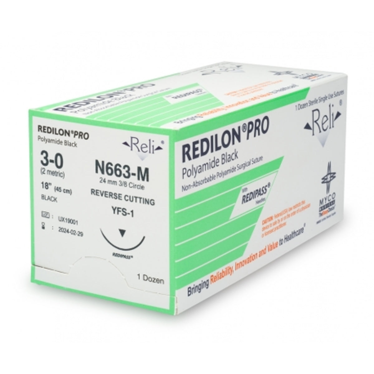 Myco Reli® Redilon™ Pro Suture, Black Monofilament, 3-0, 18", YFS-1 Needle