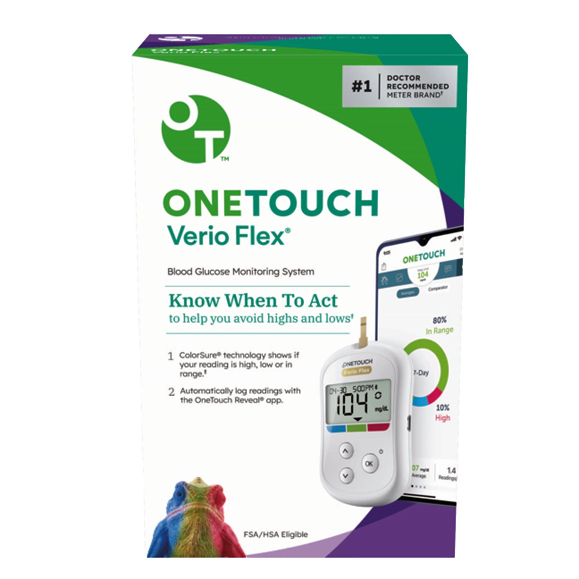 One Touch Verio Flex® Blood Glucose Monitoring System, RETAIL, OneTouch Verio Flex™ Meter (batteries included), Delica® Plus Lancing Device, 10 Delica® Plus Lancets, Carrying Case,