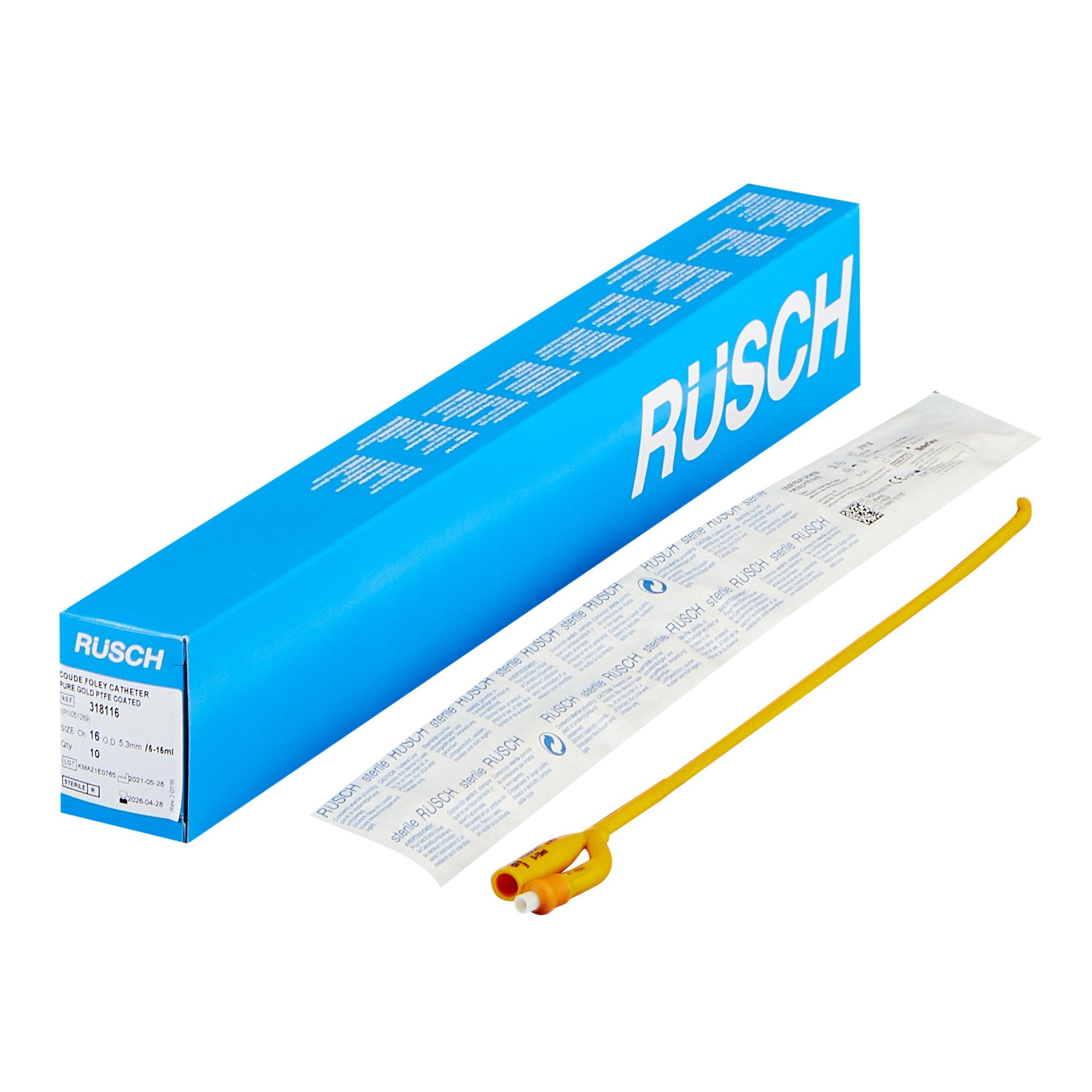 RÜsch® pureGOLD Coude 2-way PTFE Coated, 5cc, 16" 16Fr, Coated Latex, Sterile