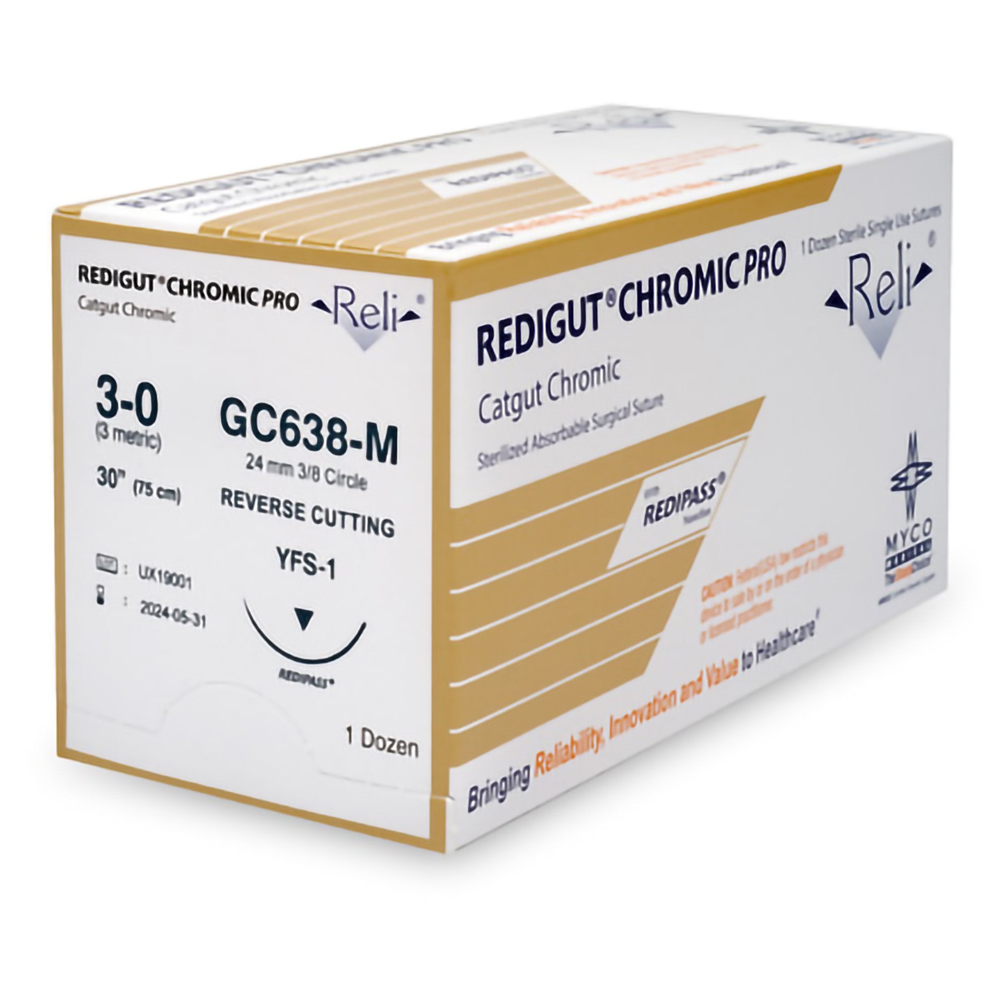 Redigut Chromic™ Absorbable Suture, 3-0, 27", 3/8 Circle Reverse Cutting 24mm