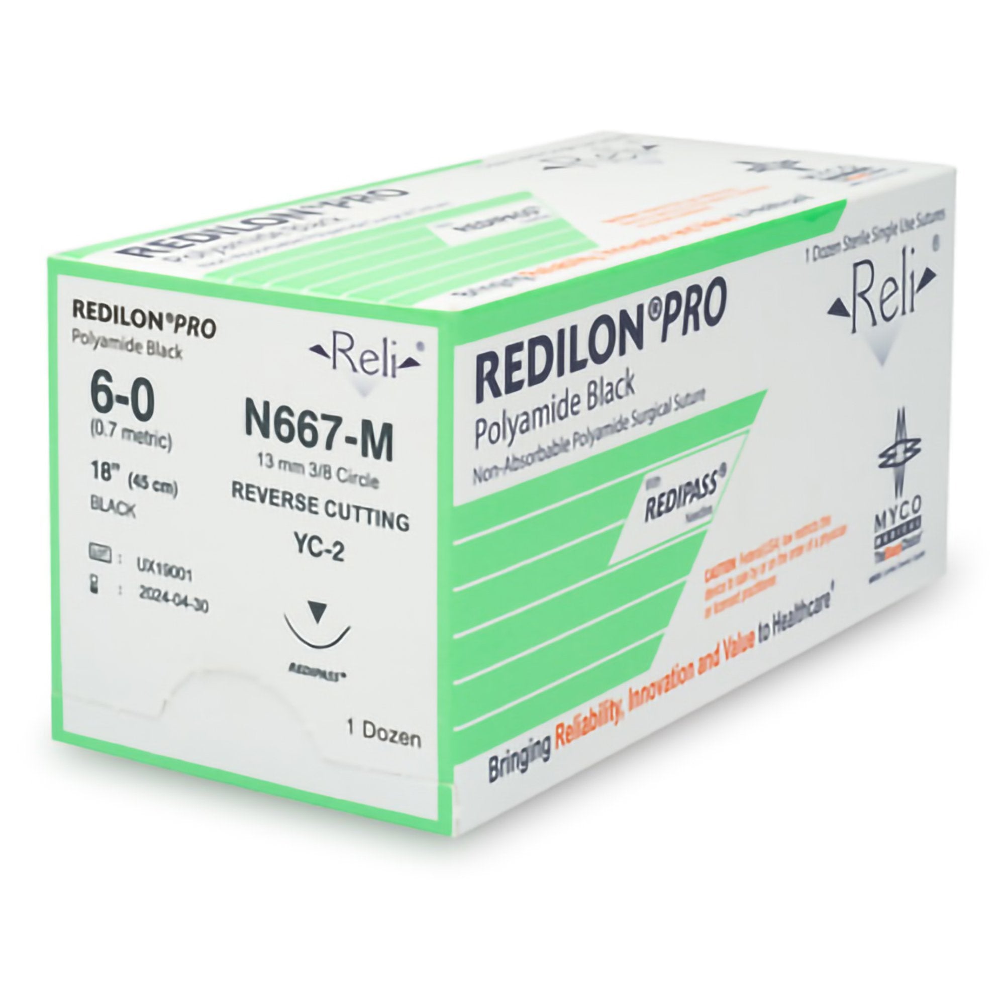 Redilon™ Pro Suture, Black Nylon, 6-0, 18", Needle YC-2, 3/8" Circle Reverse Cutting