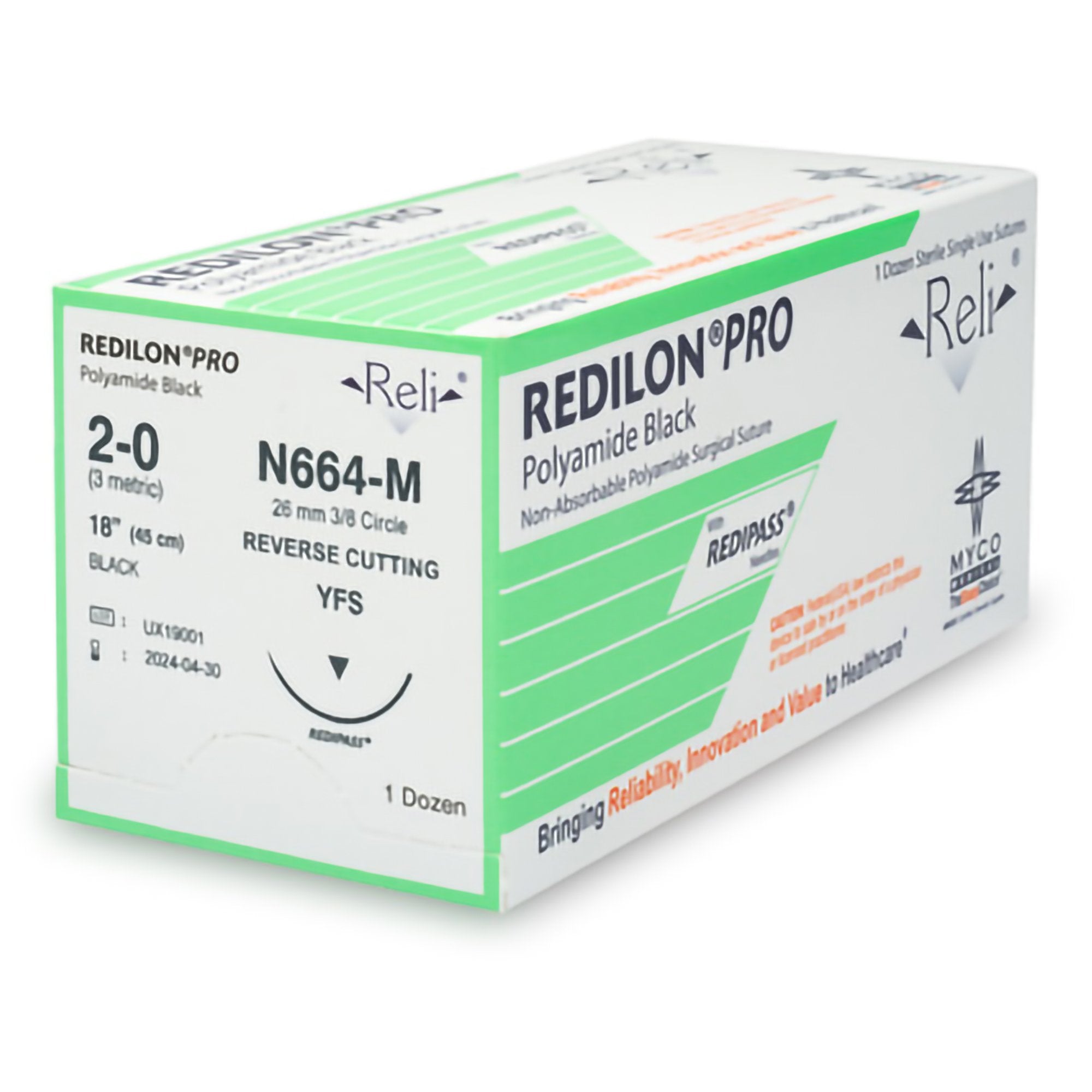 Redilon™ Suture, Black Nylon, 2-0, 18", 3/8 Circle Reverse Cutting 26mm