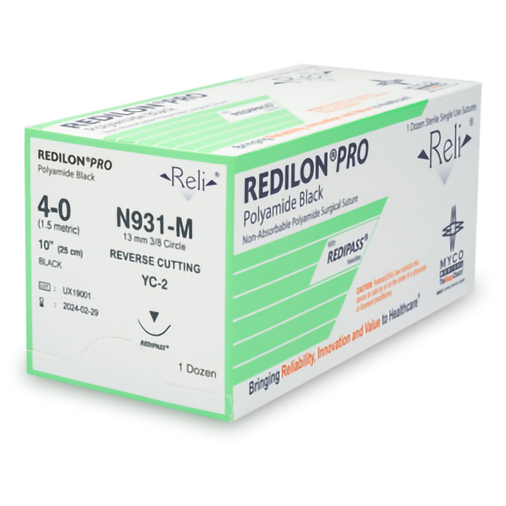 Redilon™ Suture, Black Nylon, 4-0, 10", 3/8 Circle Reverse Cutting 13mm