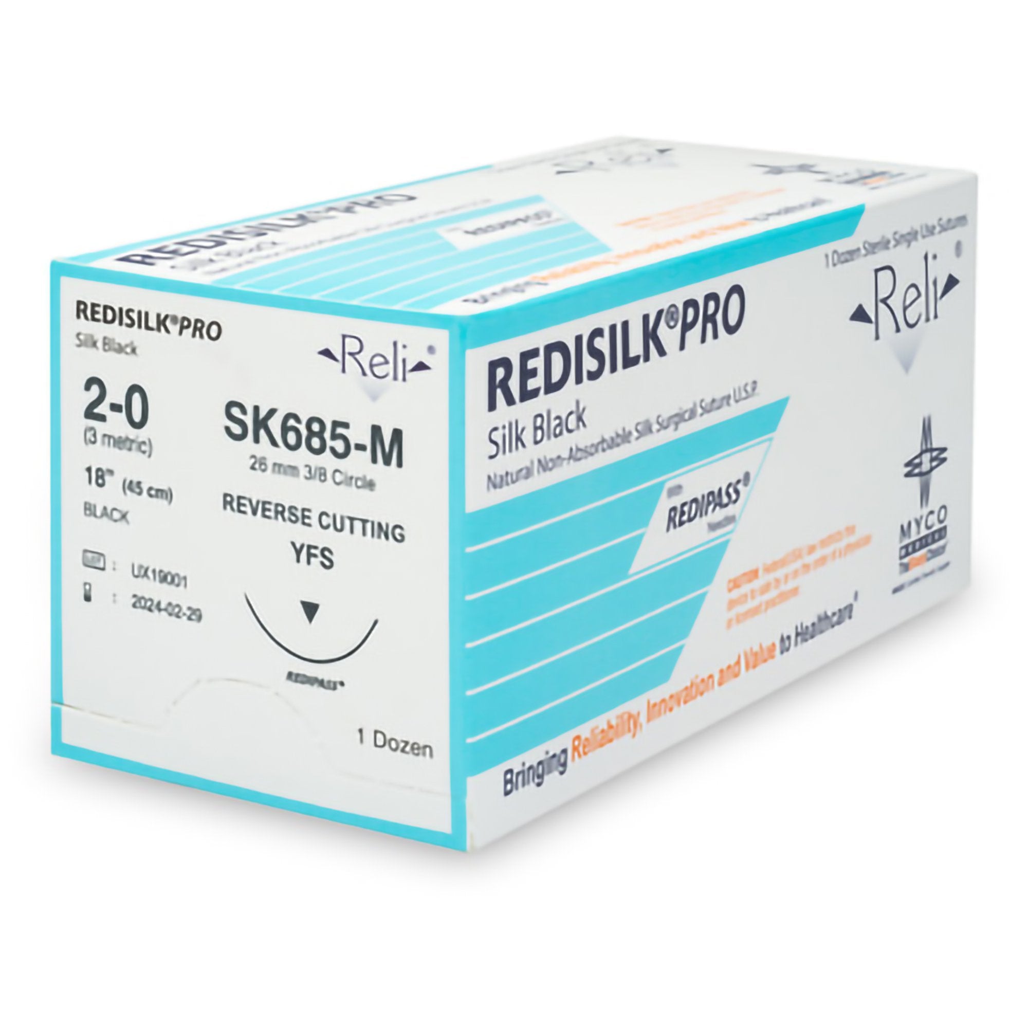 Redisilk™ Suture, Black Braided Silk, 2-0, 18", YFS Needle