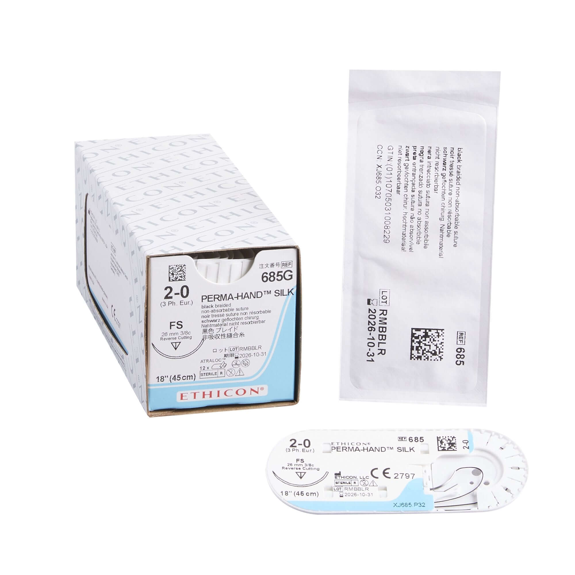 Silk Suture, Size 2-0, 18", Black Braided, Needle FS, 3/8 Circle