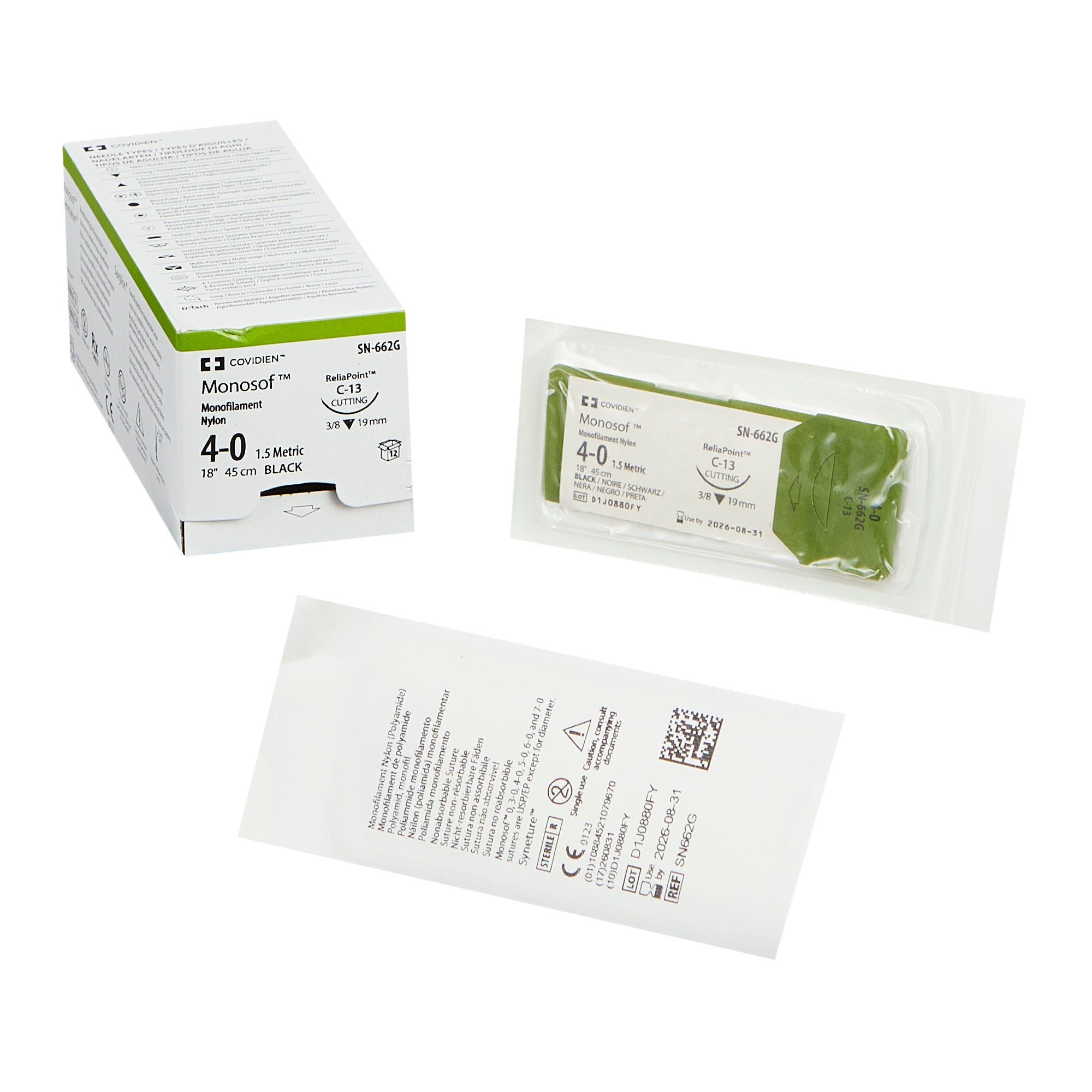 Suture, Size 4-0, 18", Black Monofilament, Needle FS-2, 3/8 Circle
