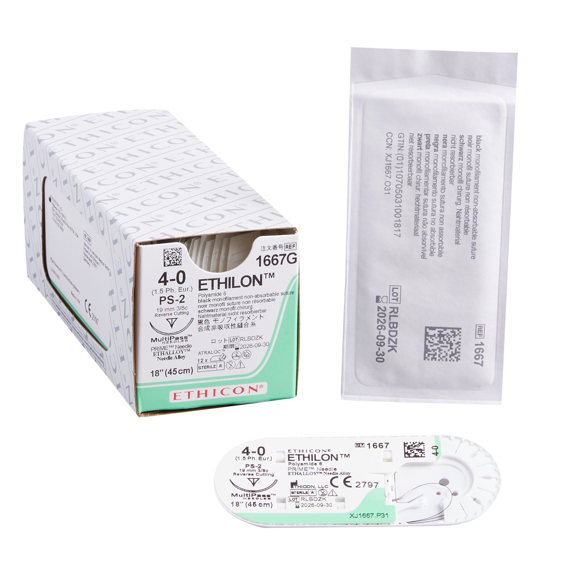 Suture, Size 4-0, 18", Black Monofilament, Needle PS-2, 3/8 Circle