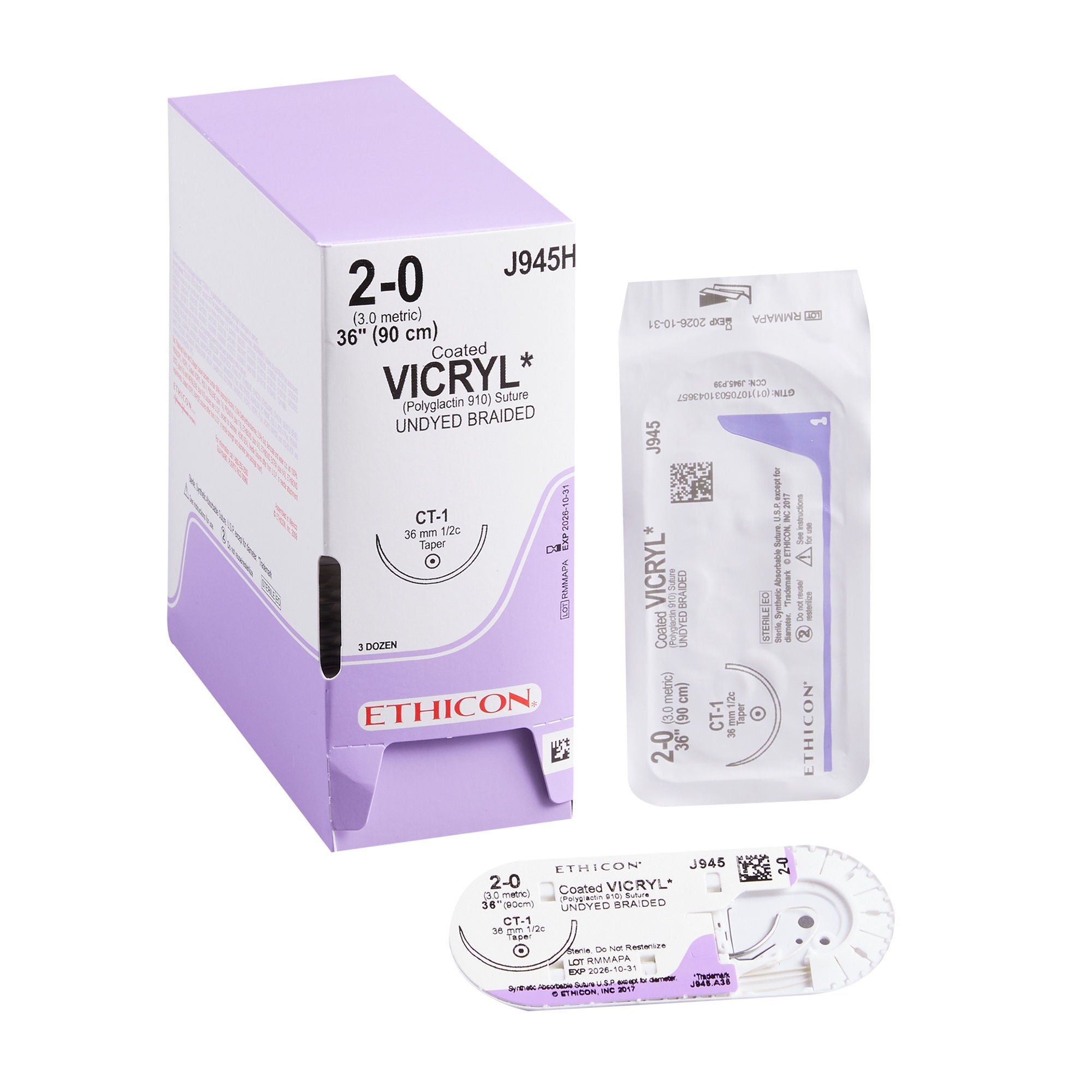 Suture, Taper Point, Size 2-0, 36", Undyed Braided, Needle CT-1, 1/2 Circle