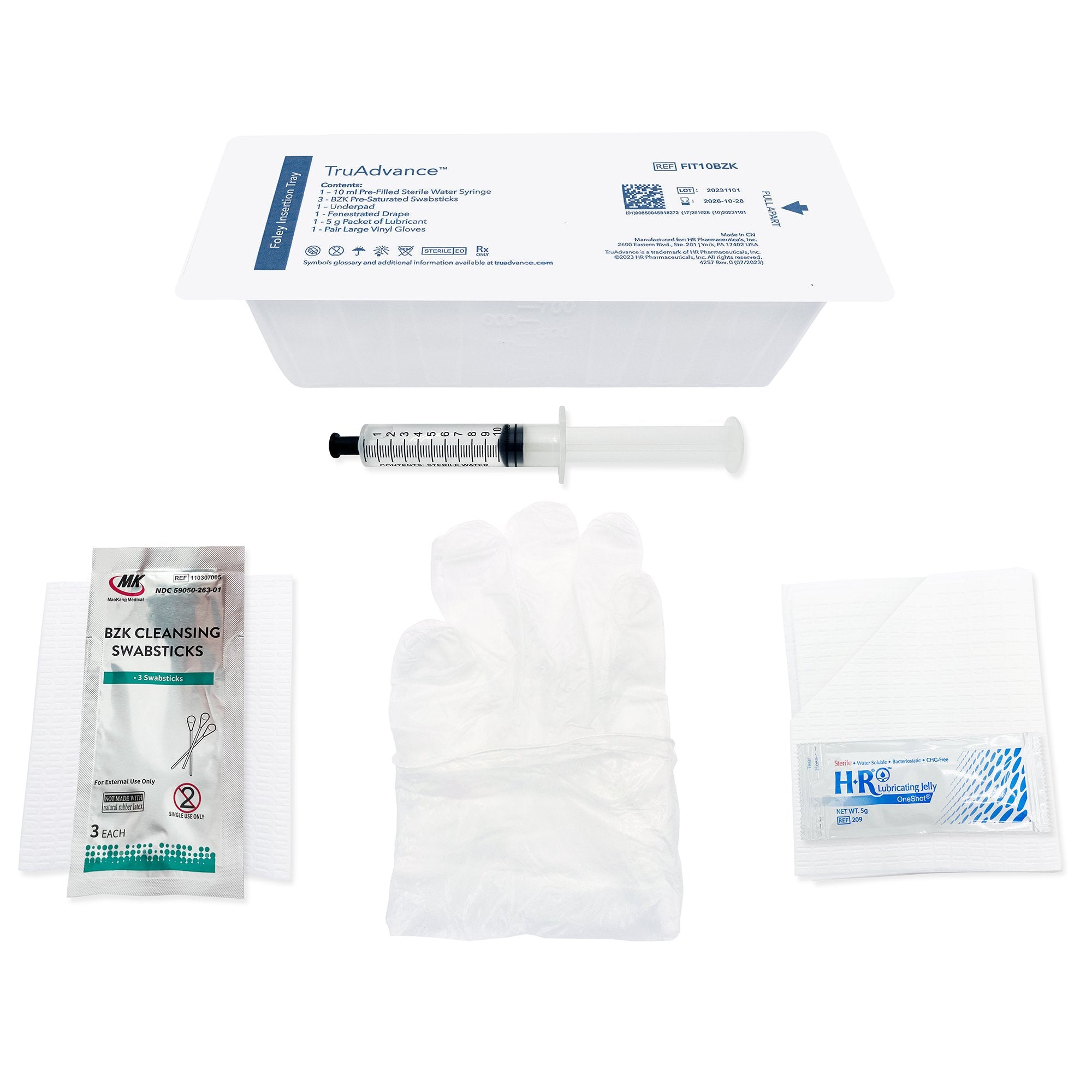 TruAdvance™ Foley Insertion Tray 800ml Peel-Lid Tray, 10cc Pre-Filled Sterile Water Syringe, (3) BZK Pre-Saturated Swabsticks, Underpad, Fenestrated Drape, 5 g Packet of Lubricant,