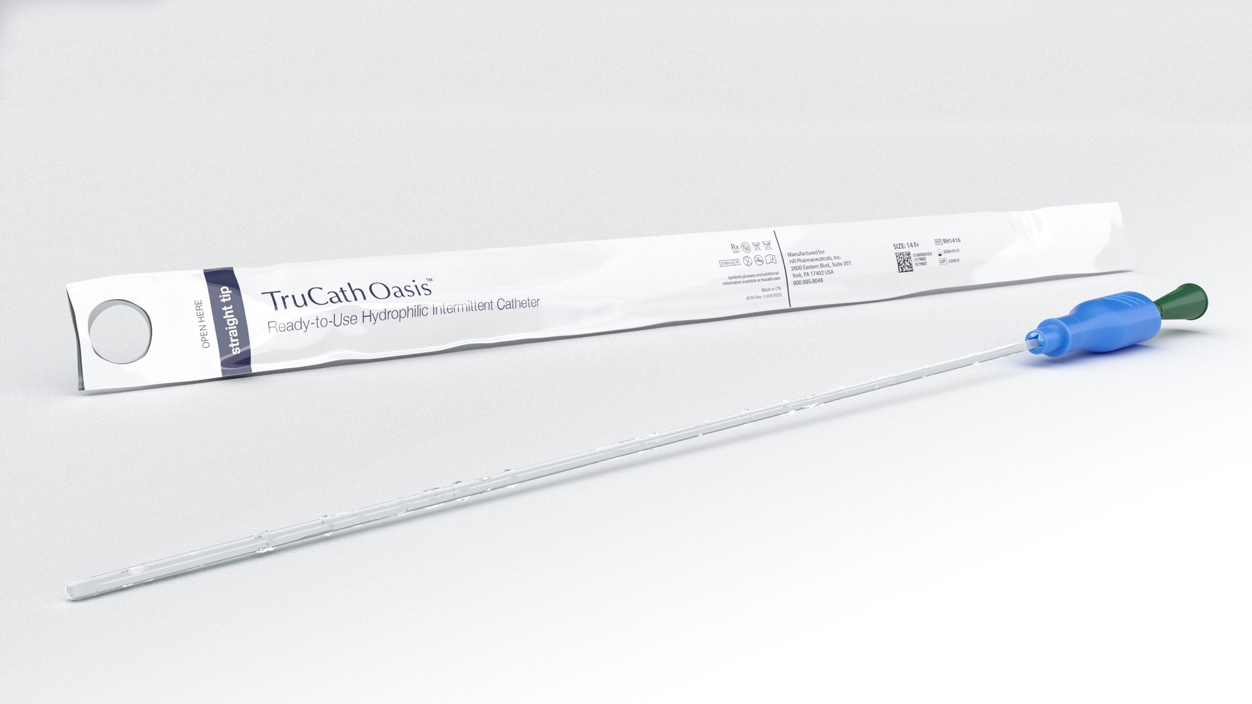 TruCath Oasis™ Ready-to-Use Hydrophilic Intermittent Female Cath, 12Fr, 6", TruProtect® Grip