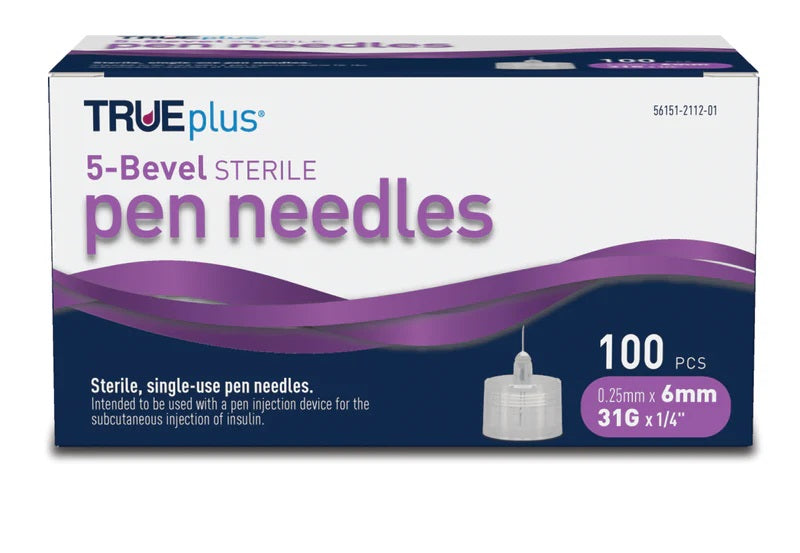 TRUEplus® Sterile, 5 Bevel Pen Needles, 31g, 6mm (1/4 inch) (S8490)