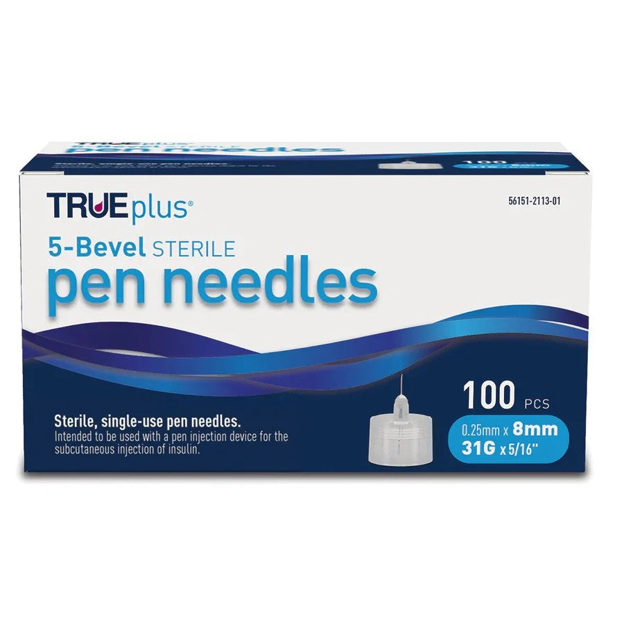 TRUEplus® Sterile, 5 Bevel Pen Needles, 31g, 8mm (5/16 inch) (S8490) 50ct