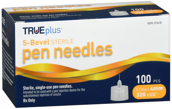 TRUEplus® Sterile, 5 Bevel Pen Needles, 32g, 4mm (5/32 inch) (S8490) 50ct