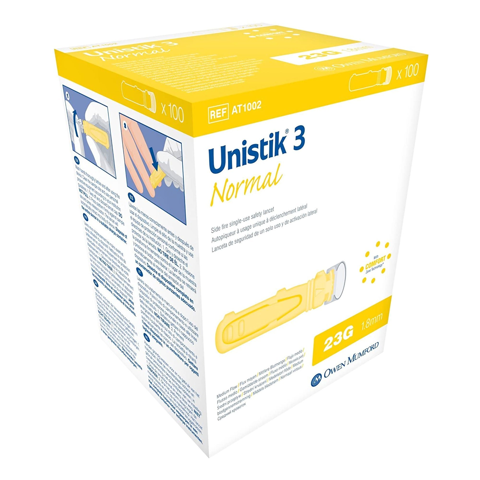 Unistick Safety Lancet, 23g, 1.8mm Penetration Depth, Yellow